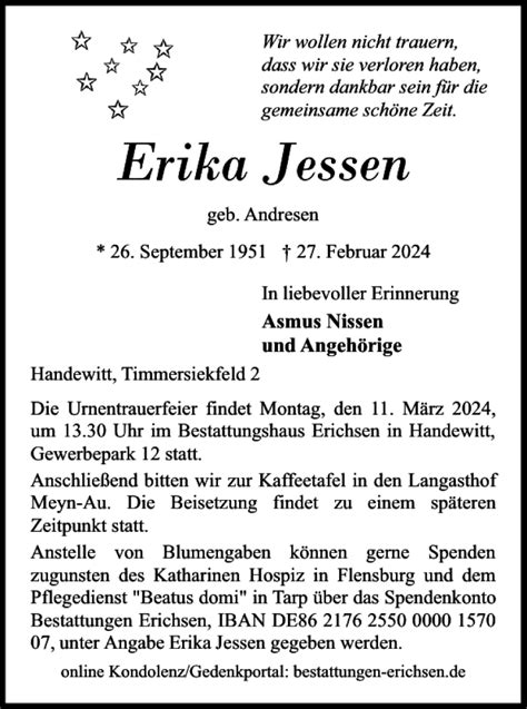 Traueranzeigen Von Erika Jessen Sh Z Trauer