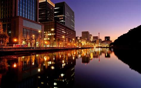 Tokio Noche De La Ciudad Edificios Luces Río Japón Fondos De