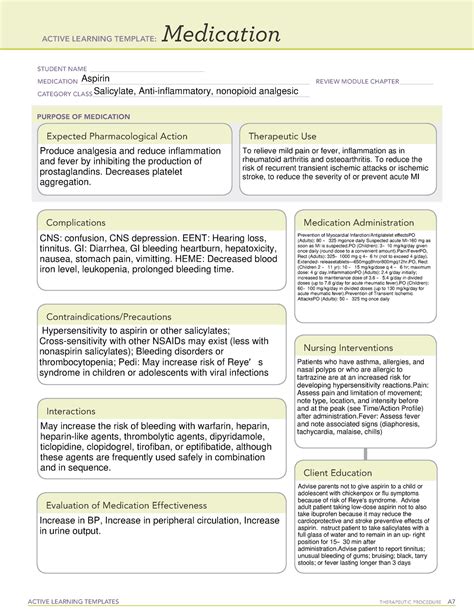 Ati Medication Template Aspirin