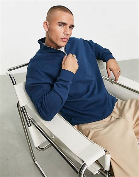 Asos Design Oversized Half Zip Sweatshirt In Blue Asos