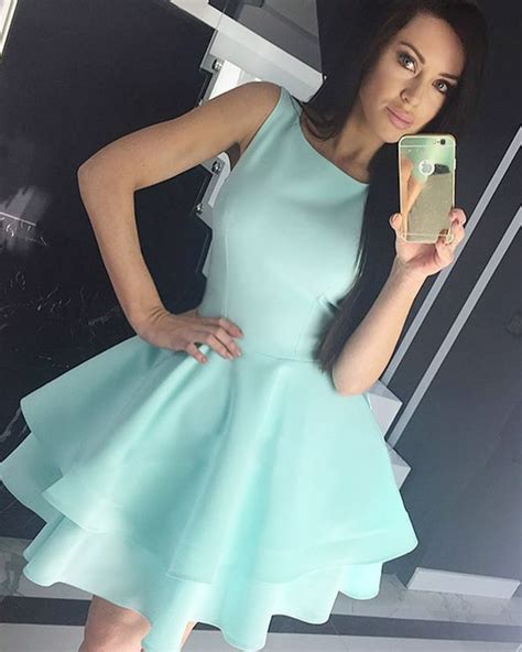 Fit Flare Satin Jewel Cyan Homecoming Dress With Layered Skirt Hd