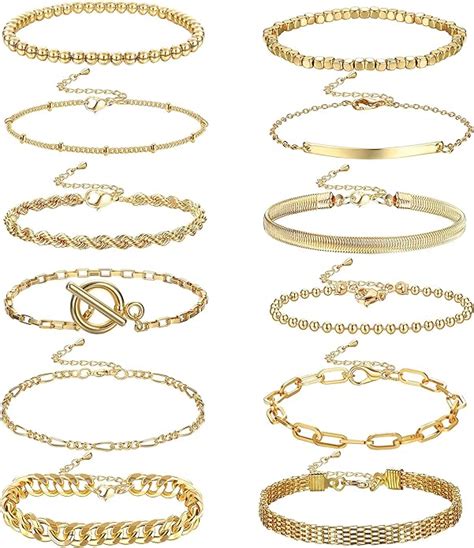 CASSIECA 12PCS Gold Ketten Armband Set für Frauen 14 Karat Vergoldete