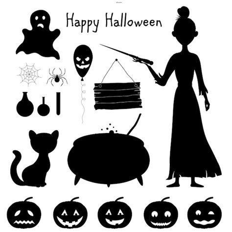 Premium Vector Halloween Set Of Silhouettes With Witch And Her