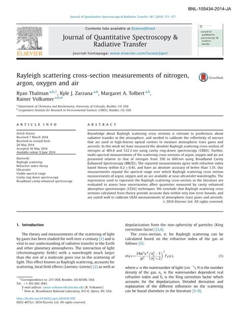 Rayleigh Scattering Cross-Section Measurements of Nitrogen, Argon, Oxygen and Air - DocsLib