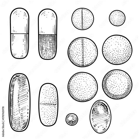 Pill illustration, drawing, engraving, ink, line art, vector Stock Vector | Adobe Stock