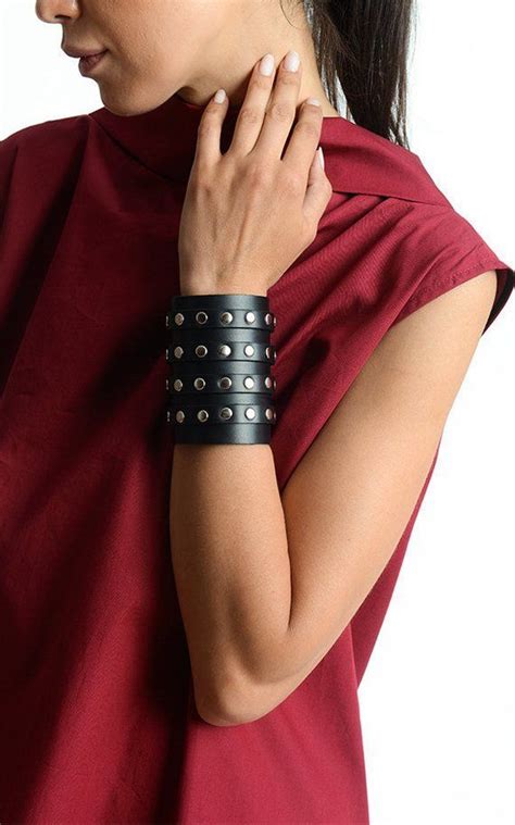 Studded Leather Cuff Metbr21 A Modern Leather Long Bracelet With Many