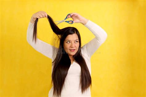 Year Old Latina Woman With Very Long Straight Hair Wants To Cut Her Hair With Scissors Stock