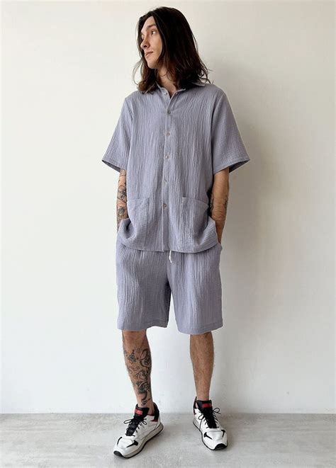 Gray Muslin Shirt For Men Short Sleeve Classic Cotton Shirt Etsy