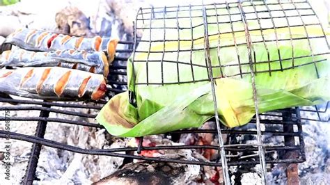 Cooking Catfish Fish Wrapped In Banana Leaves On An Open Hot Fire In