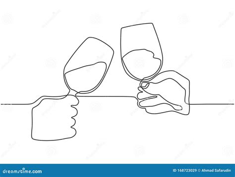 Continuous One Line Drawing Hands Cheering With Glasses Of Champagne Single Hand Drawn Sketch