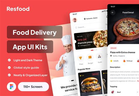 110多个屏美食外卖送餐app应用程序软件界面设计ui套件素材包 Resfood Food Delivery App Ui Kits