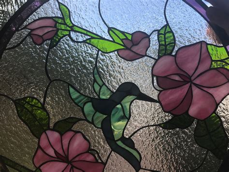 Hibiscus Feeding Hummingbird Leaded Stained Glass Window Panel