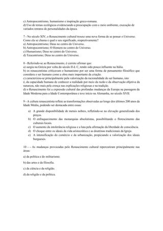 Prova de História 7º Ano Renascimento Cultural PDF