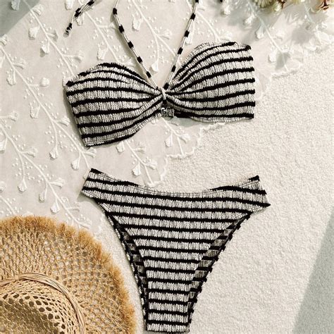 2024 Women S Bikini Split Striped Printed Swimsuit Beach Vacation Swimsuit Shopee Philippines