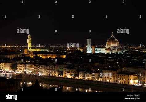 Florence Night Aerial Cityscape Panorama View From Michelangelo Park