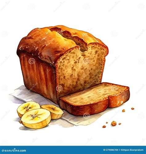 Watercolor Illustration Of A Loaf Of Bread And Sliced Bananas On A