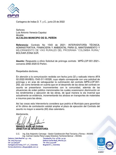 Respuesta A Oficio Solicitud De Prórroga Contrato MpÑ Lop 001 2021