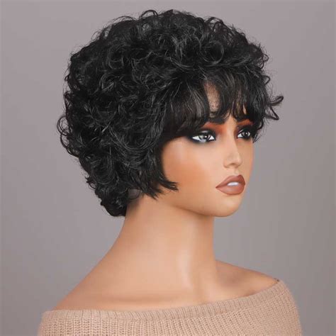 Short Curly Layered Pixie Cut Wig Dark Salt And Pepper Human Hair