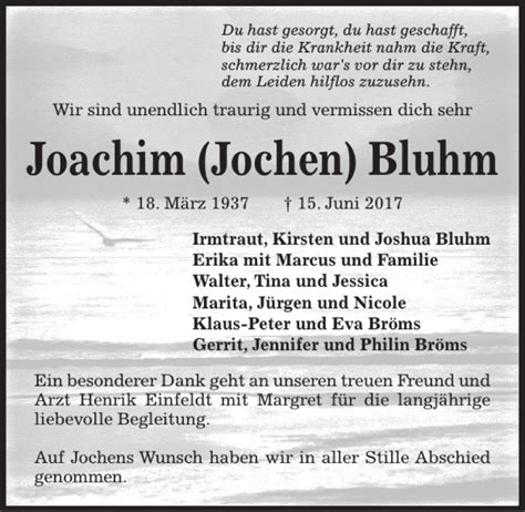 Traueranzeigen Von Joachim Jochen Bluhm Trauer Anzeigen De