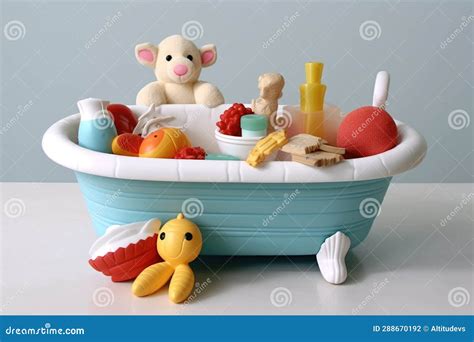 Baby Bathtub with Fun Bath Time Accessories Stock Photo - Image of ...