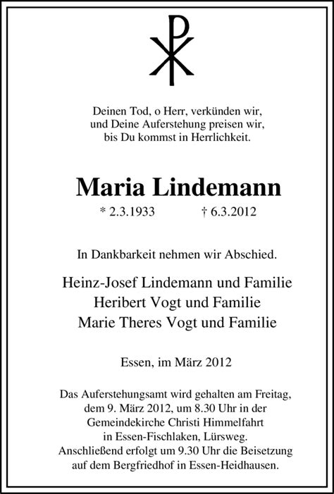 Traueranzeigen Von Maria Lindemann Trauer In Nrw De