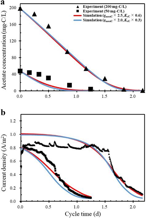 Validation of the a acetate concentration and b current density at the ...