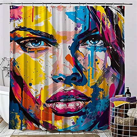 Vibrant Graffiti Art Shower Curtain Abstract Female Face Design In Oil Painting Style Adds