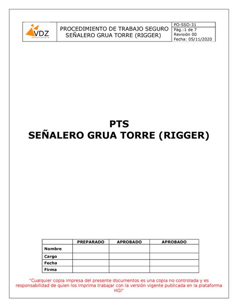 Po Sso Pts Se Alero Rigger Grua Torre Procedimiento De Trabajo