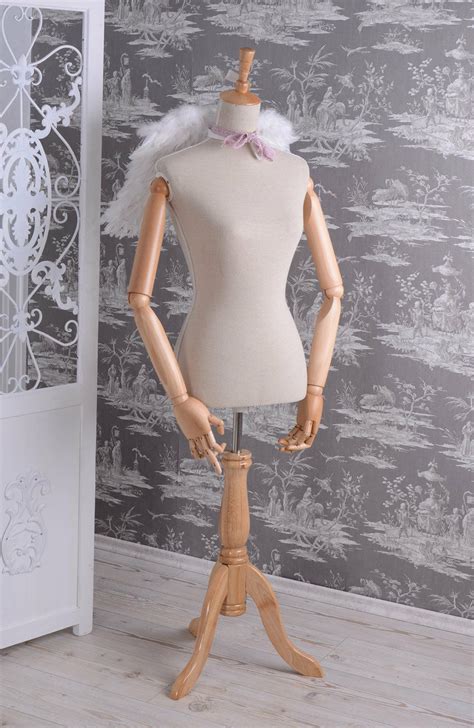 Manekin Krawiecki Drewniany Metalowy Tkanina Szary Shabby Chic Sklep