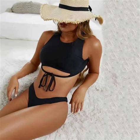 Maillot De Bain Bikini Uni Fendu Pour Femme Dos Nu Couleur Unie X