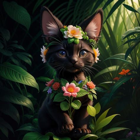 Um gato preto uma coroa de flores na cabeça está sentado no meio de