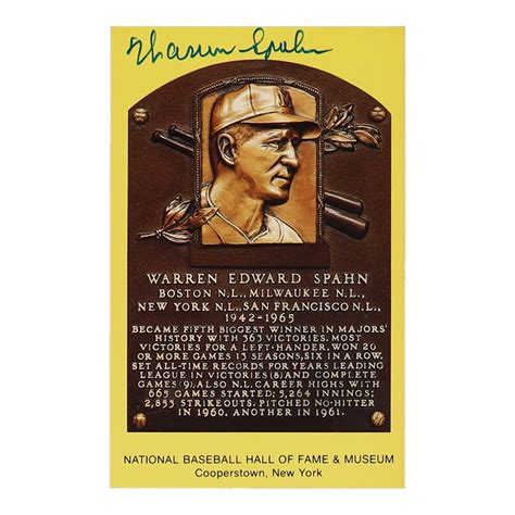 Warren Spahn Signed Hall Of Fame Plaque Postcard Beckett Pristine