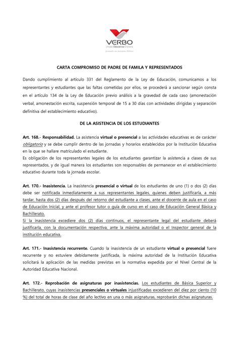 Carta Compromiso 1 Acta De Compromiso Carta Compromiso De Padre De Famila Y Representados