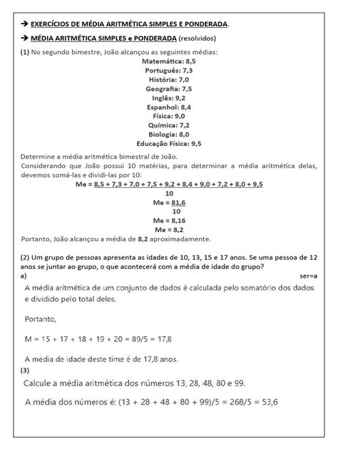 Média Aritmética Exercícios Pdf Com Gabarito - Exercícios de Média Aritmética | PDF