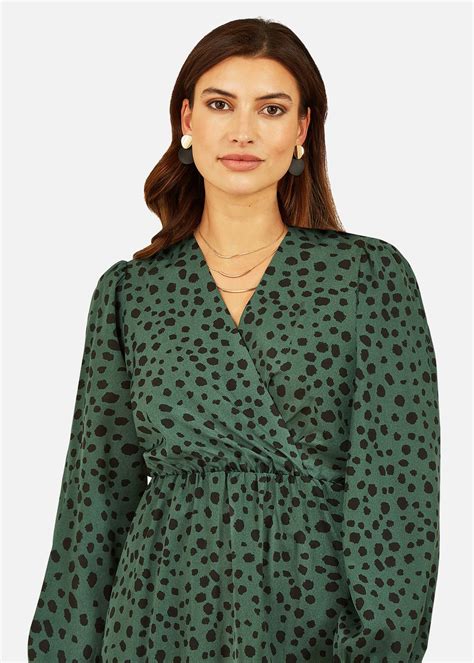 Mela Dalmatian Print Long Sleeve Wrap Over Midi Dress In Green Matalan