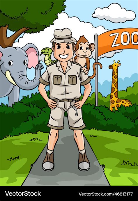 Zookeeper and animal colored cartoon Royalty Free Vector