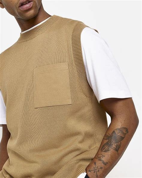 River Island Stone Slim Fit Knitted Vest In Beige Natural For Men