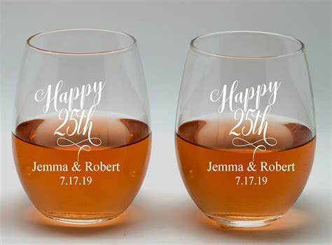 25th Anniversary Couple Wine Glasses 20oz Etched Stemless Wine Glasses For Couples Perfect