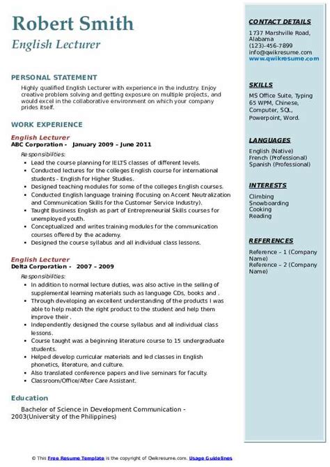 English Lecturer Resume Samples QwikResume