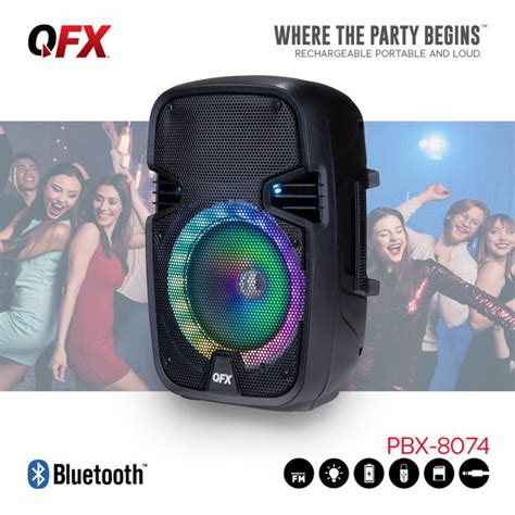 Qfx 8” Bluetooth Speaker With Led Lights Rechargeable Includes Mic