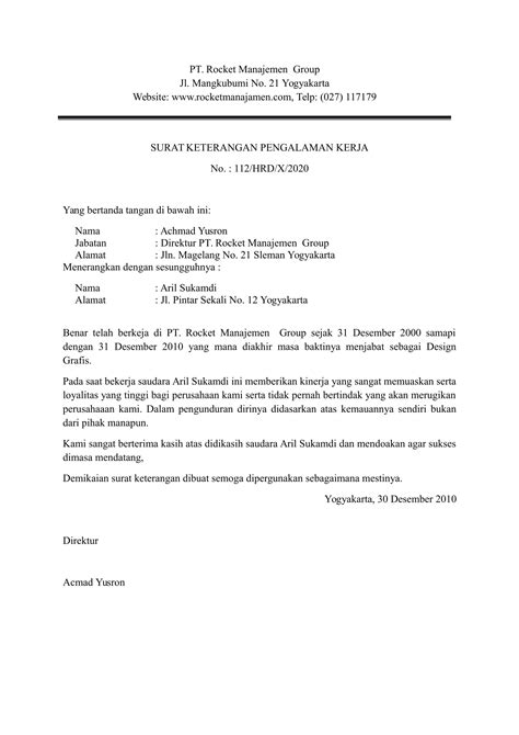 Surat Keterangan Pengalaman Kerja Contoh Surat