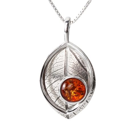 Sterling Silver Honey Baltic Amber Leaf Pendant