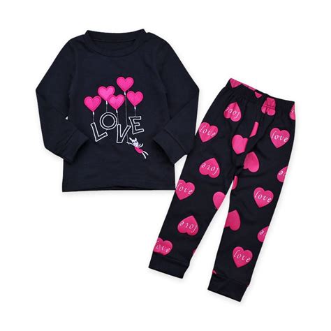 Girls Loving Heart Pattern Pajamas Letters Embroidery Long Sleeve Top