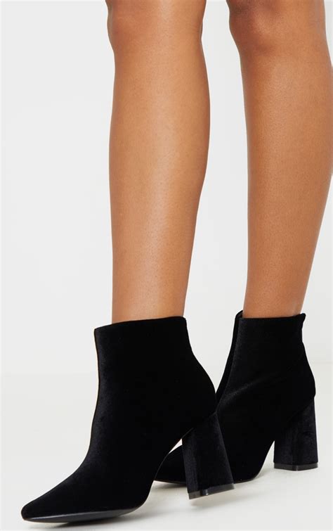 Black Velvet Block Heel Ankle Boot Shoes Prettylittlething Usa