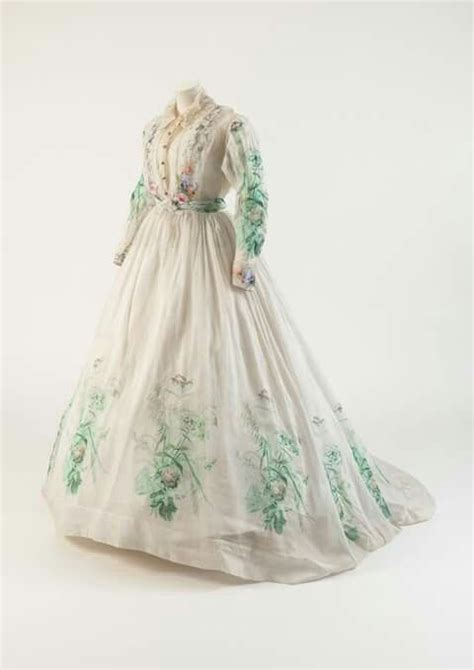 1860s Unknown Country White Cotton Muslin Dress With Green Floral