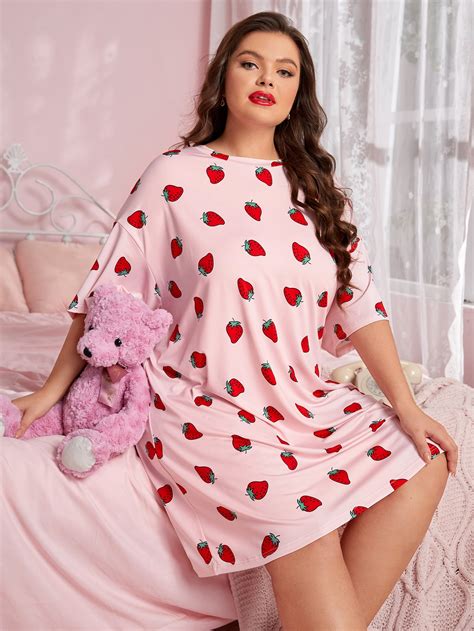 Shein Plus Strawberry Print Drop Shoulder Night Dress