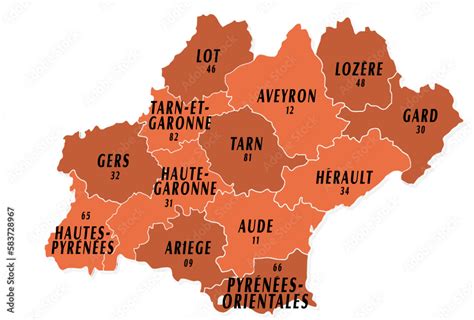 Administrative Map Of Occitanie Region In France With Departements