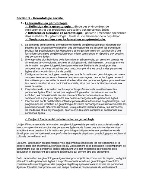 Gérontologie exam 1 préparation examen Section 1 Gérontologie