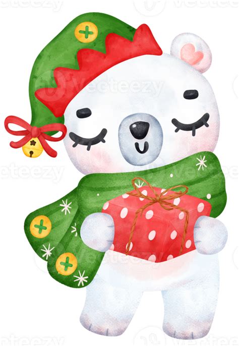 Cute Christmas Polar Bear In Elf Dress Cartoon Watercolor Illustration