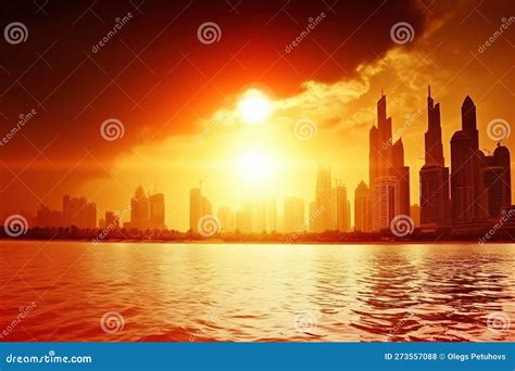 The Sun Is Setting Over A City Skyline Over A Body Of Water With